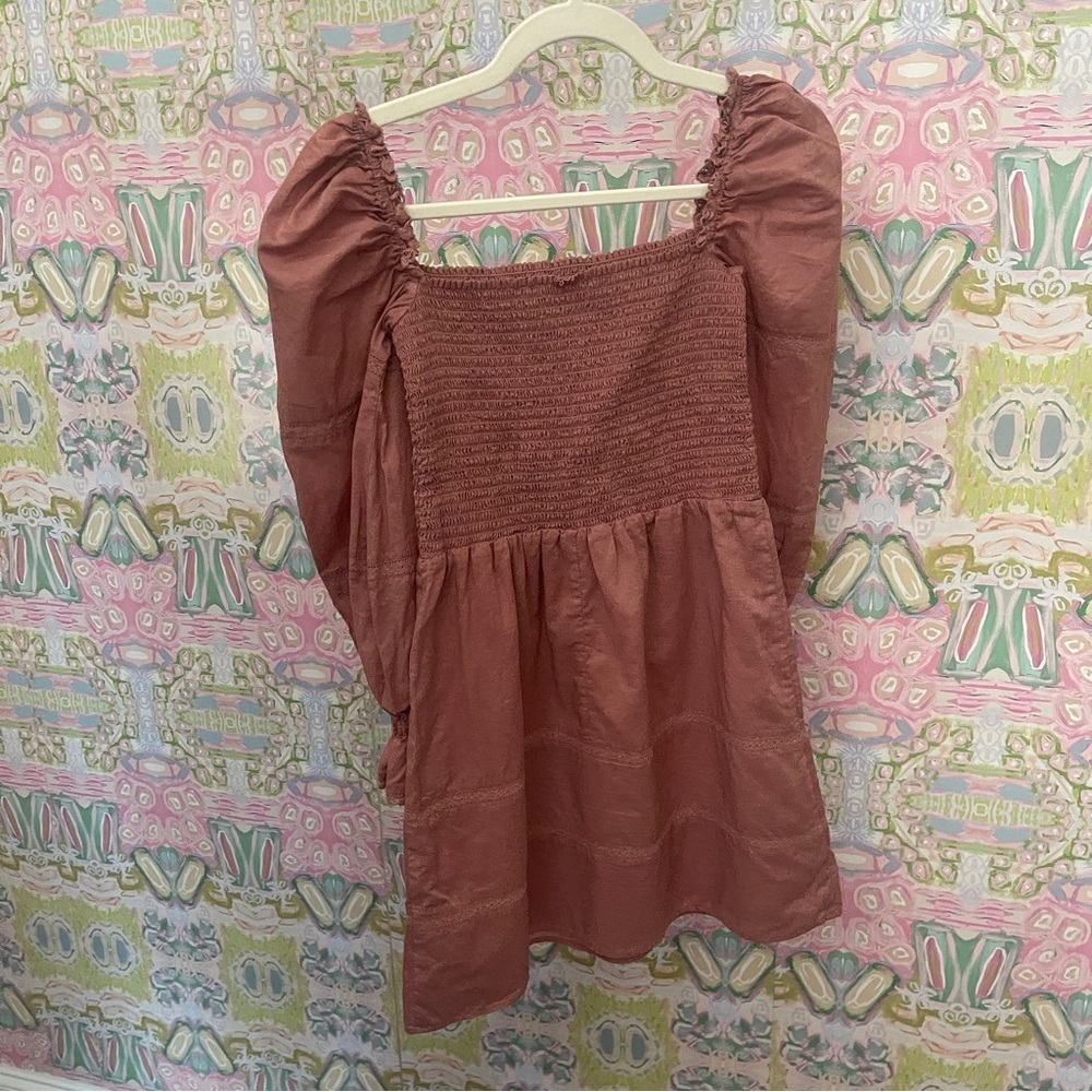 Reformation Dunes Smocked Long Sleeve Mini Dress Praline Pink Rose - Picture 6 of 6